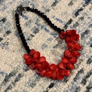 Elegant Red Coral and Black Glass Beaded Necklace